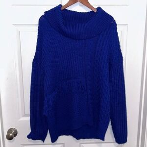 Calvin Klein Women's Sweater XL Cable Knit Chunky Turtleneck Cobalt Blue Fringe